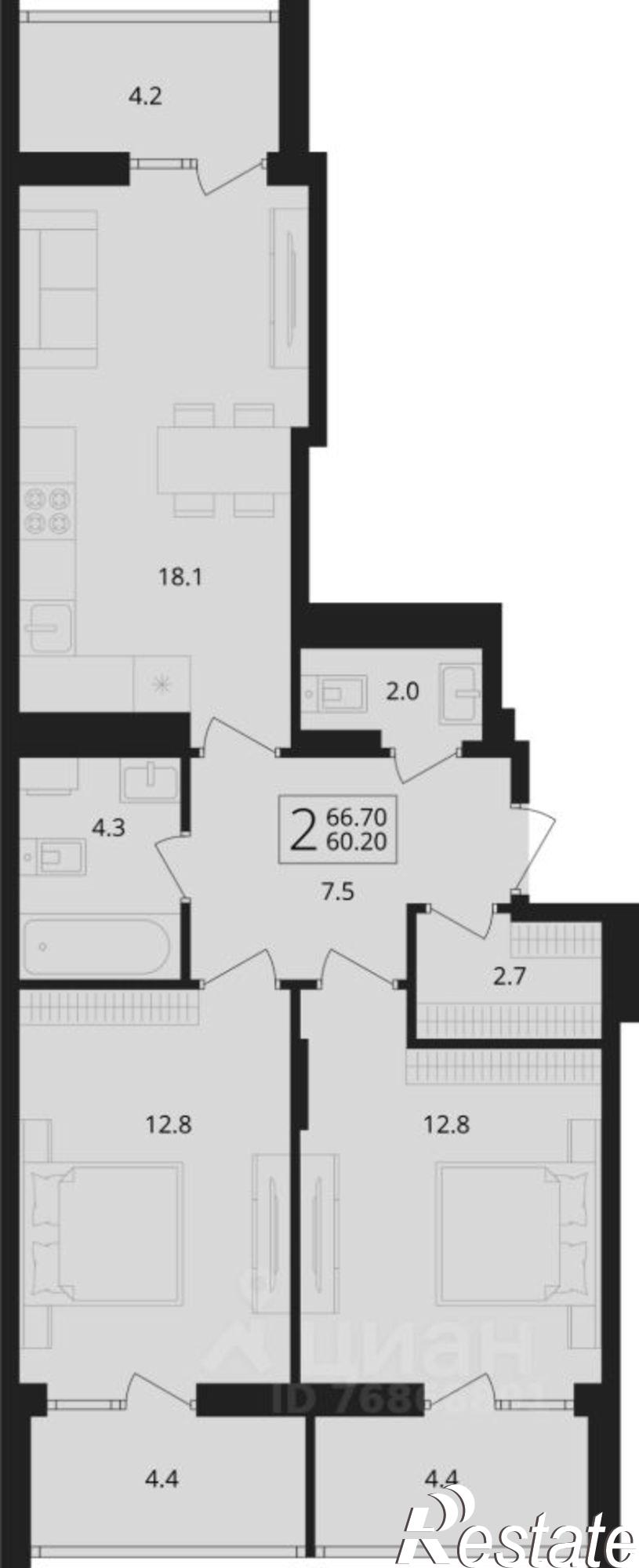 Купить квартиру за 7 070 200 рублей на улица Романа Брянского, 27/1