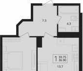 1-комн, 39 кв м, этаж 10/13 улица Романа Брянского, 27/1