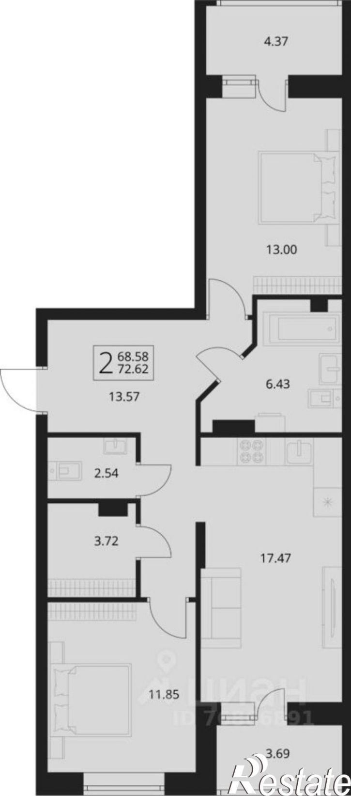 2-комн квартира в новом доме улица Романа Брянского, 27/1,  д. 27/1