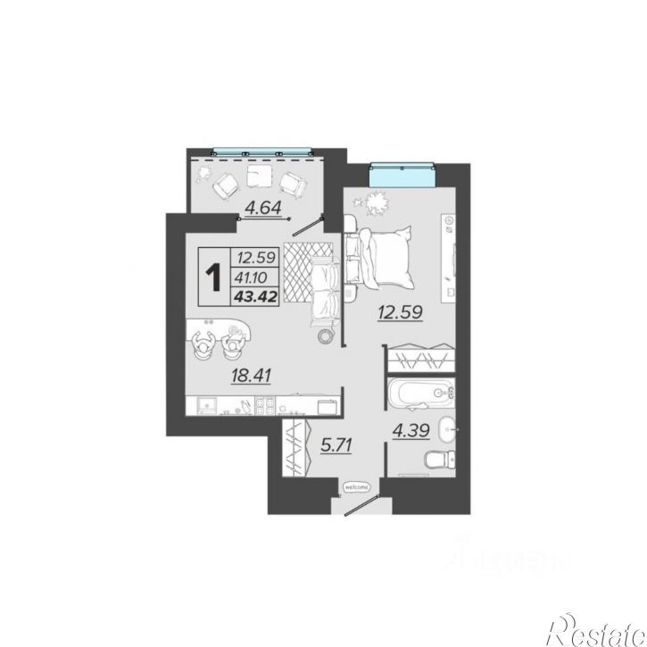 1-комн квартира в новом доме улица имени А.Ф. Войстроченко