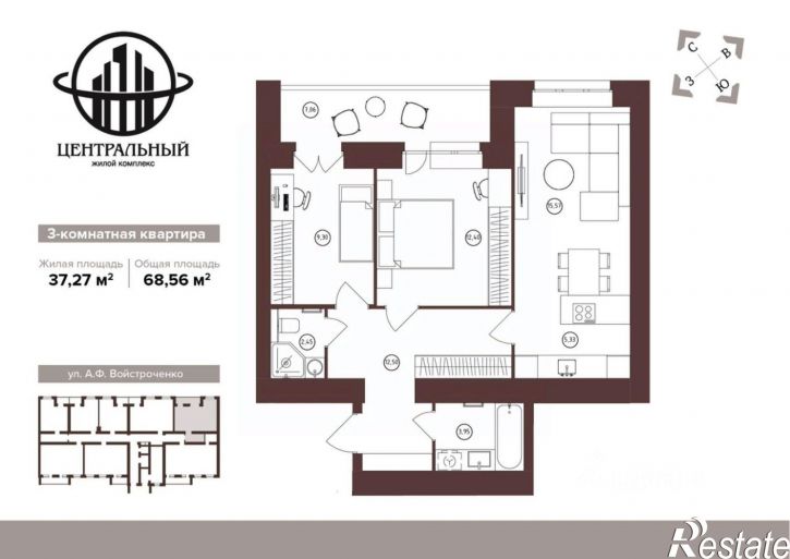 3-комн квартира в новом доме ул им.Н.М.Грибачева, 7,  д. 7