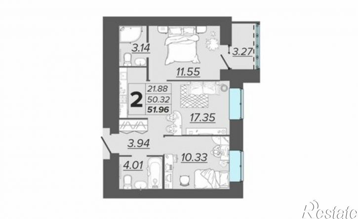 2-комн квартира в новом доме улица имени А.Ф. Войстроченко