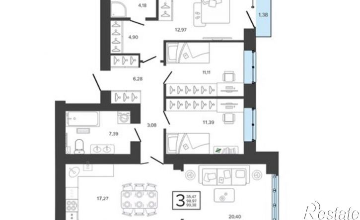 3-комн квартира улица Николая Амосова, 2,  д. 2